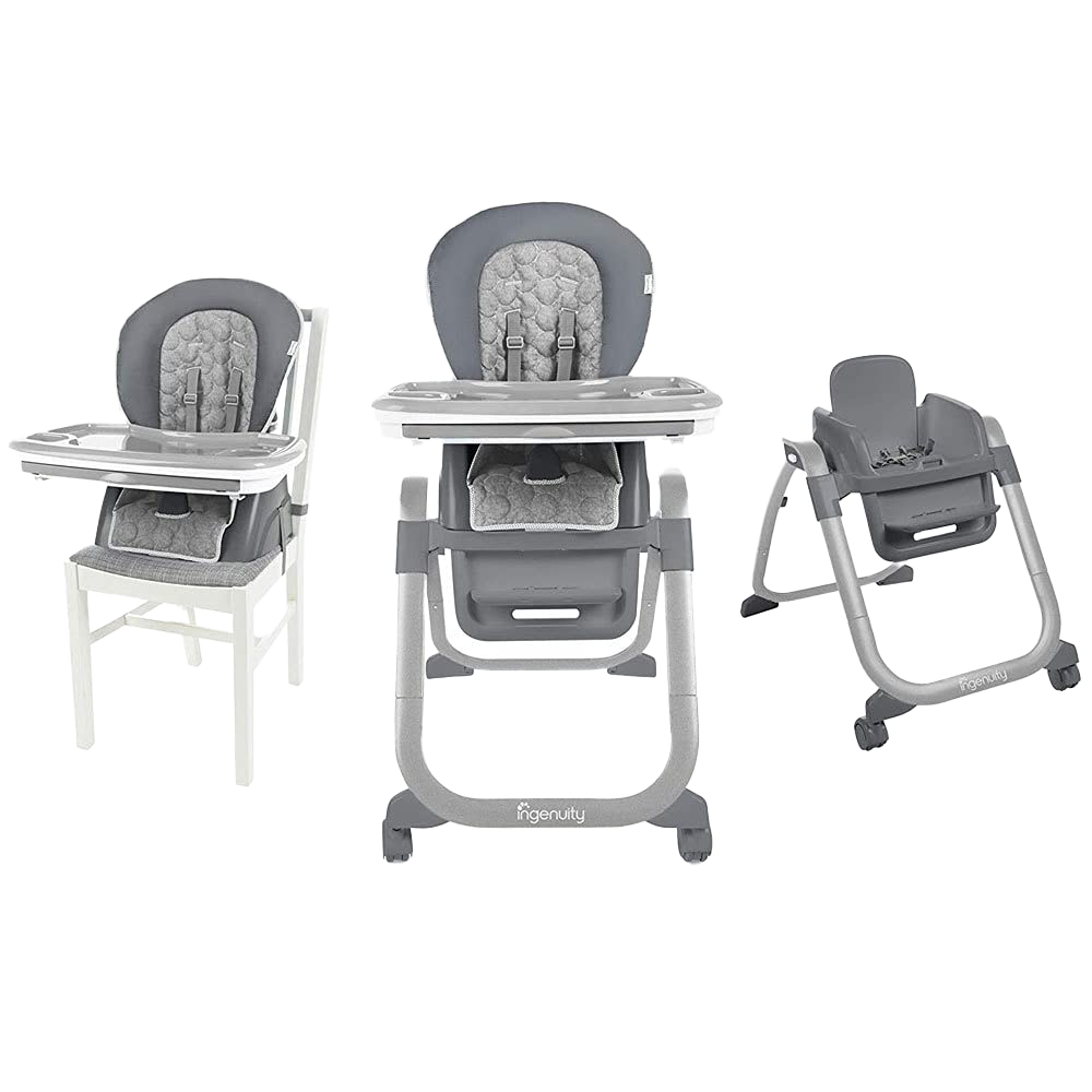 SmartServe 4-in-1 High Chair with swing-out tray, gray cushion, transitions from high chair to booster.