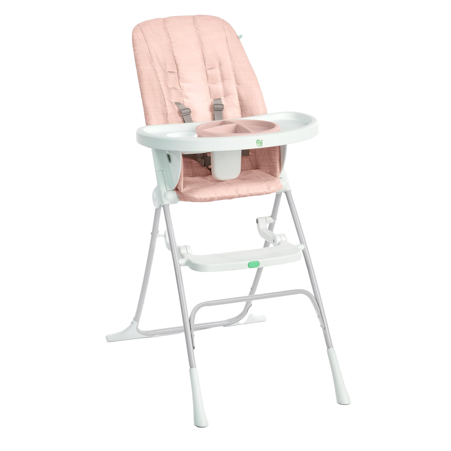 Sun Valley Compact Folding High Chair, pink cushion, foldable, ideal for small spaces.