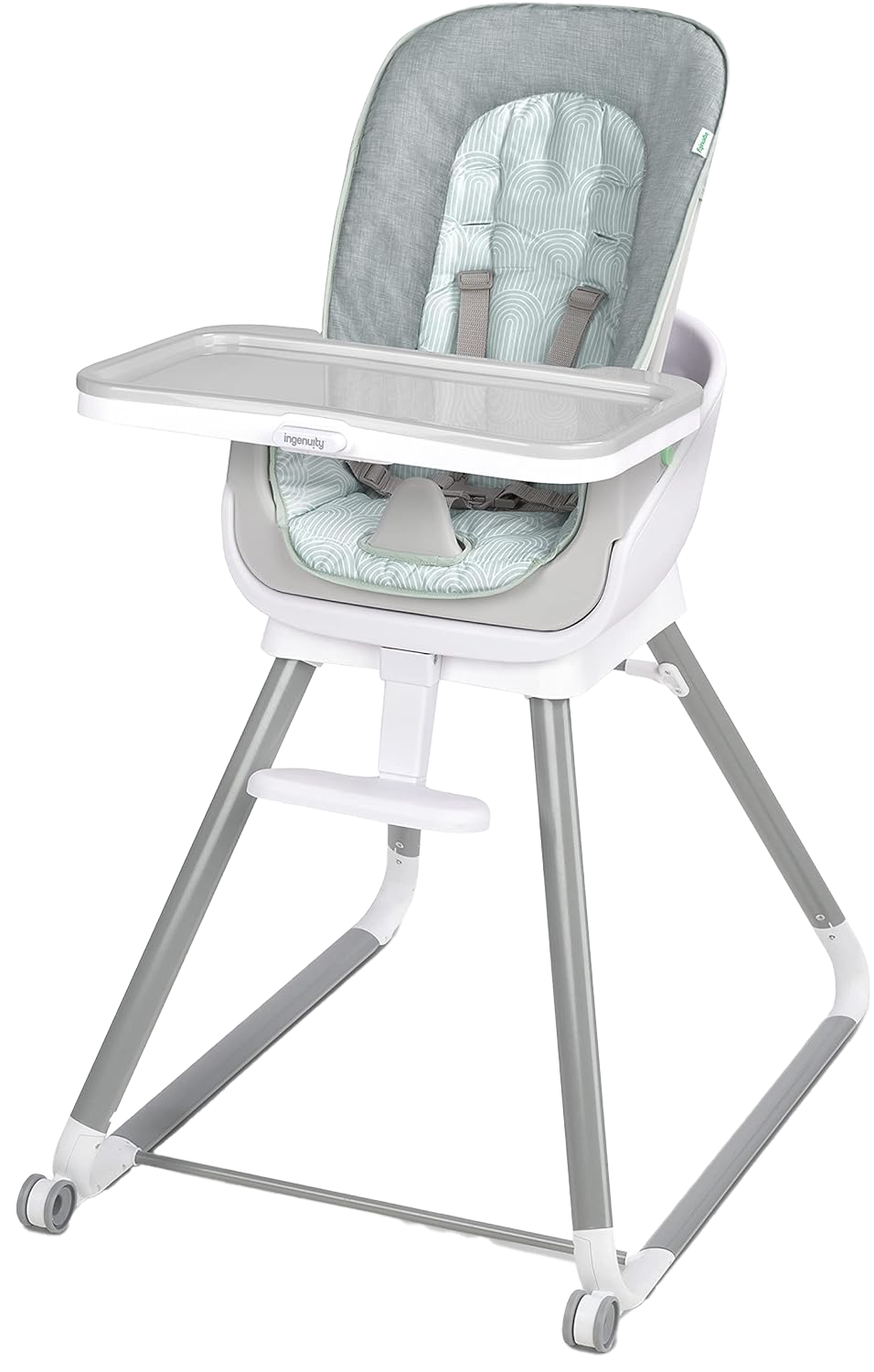 Beanstalk Baby to Big Kid 6-in-1 High Chair, a versatile high chair with a gray cushion and white frame, designed to adapt through six stages from a soothing infant seat to a dining booster seat.